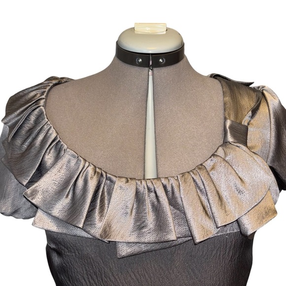 Ann Taylor | NWT | Silk Ruffle Scoop Blouse | Gray | Size 6 - Picture 2 of 9